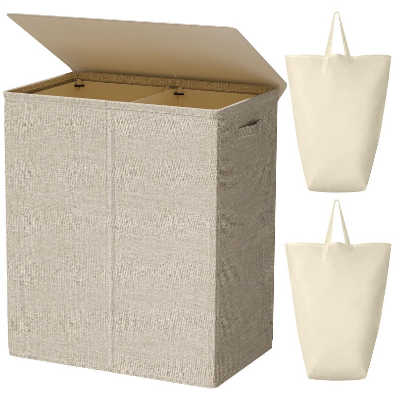WOWLIVE 154L Double Laundry Hamper with Lid and Removable Laundry Bags, Large Dirty Clothes Hamper 2 section Collapsible Laundry Basket Dorm Room Storage for Bedroom, Bathroom, College,Wheat - Image 1