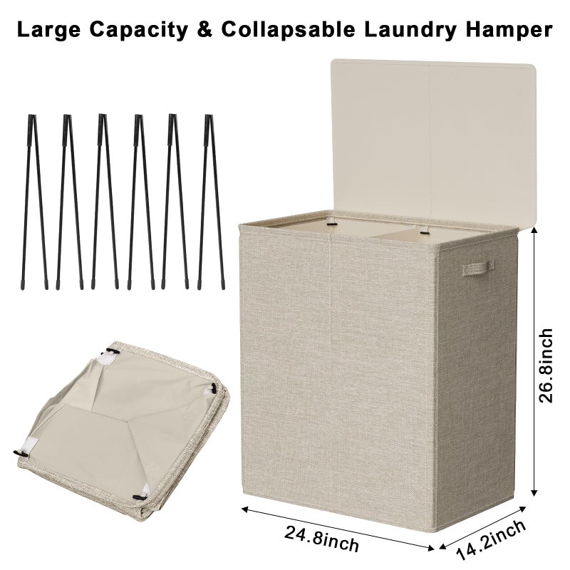 WOWLIVE 154L Double Laundry Hamper with Lid and Removable Laundry Bags, Large Dirty Clothes Hamper 2 section Collapsible Laundry Basket Dorm Room Storage for Bedroom, Bathroom, College,Wheat - Image 5