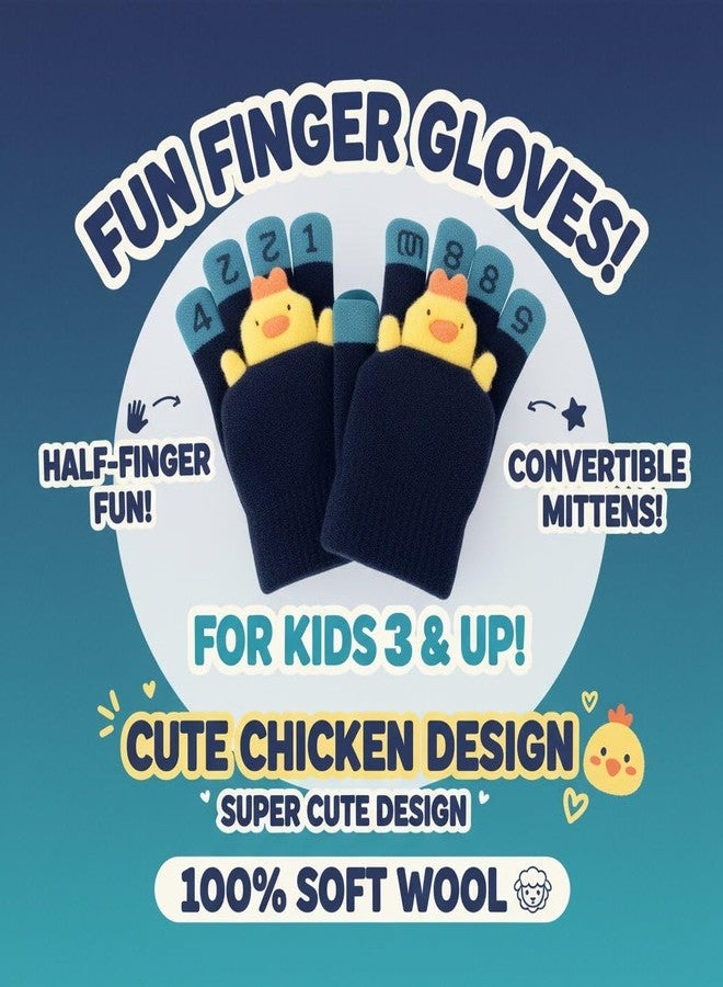 SOLDTRUE 2-in-1 Convertible Baby Wool Gloves | Cute Cartoon Design Full & Half Finger Knitted Winter Gloves for 3-7 Years Kids | Warm, Soft, Windproof & Flexible Christmas Gift (Dark Blue) - Image 2