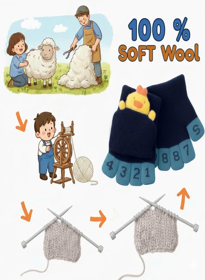 SOLDTRUE 2-in-1 Convertible Baby Wool Gloves | Cute Cartoon Design Full & Half Finger Knitted Winter Gloves for 3-7 Years Kids | Warm, Soft, Windproof & Flexible Christmas Gift (Dark Blue) - Image 5