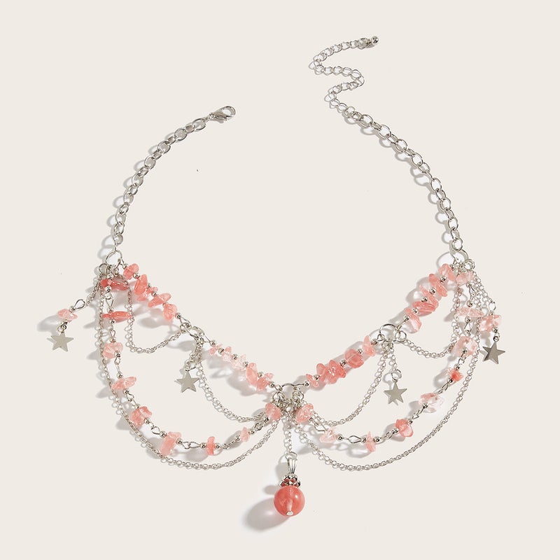 European and American Cross-border Niche Design Sweet Cool Natural Stone Beaded Five-pointed Star Tassel Agate Pendant Necklace Chain A2-8 (watermelon red)