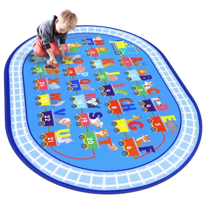 KIDS CARPET PLAYMAT RUG ABC ALPHABET NUMBERS TRAIN AND ROAD THEMED PLAYING EDUCATIONAL CLASSROOM RUG FUN GAME PLAY AREA RUG FOR KIDS BEDROOM TODDLER CLASSROOM AND BABY PLAYROOM DECOR