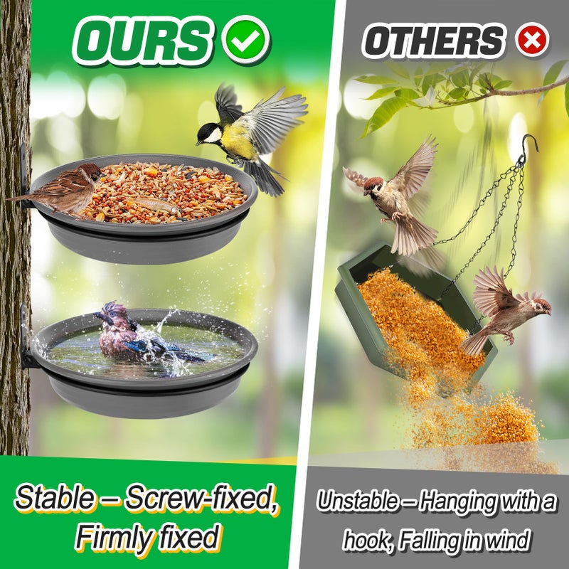 Alphatool Fence Bird Feeders Tray - 2pcs Tree Mounted Wild Bird Bath for Outdoors Place Food Water, Installed on Deck Wall Stakes with Heavy Duty Iron Ring, 8.3'' Dia. (Grey) - Image 2