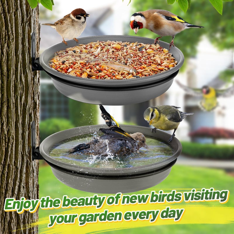 Alphatool Fence Bird Feeders Tray - 2pcs Tree Mounted Wild Bird Bath for Outdoors Place Food Water, Installed on Deck Wall Stakes with Heavy Duty Iron Ring, 8.3'' Dia. (Grey) - Image 5