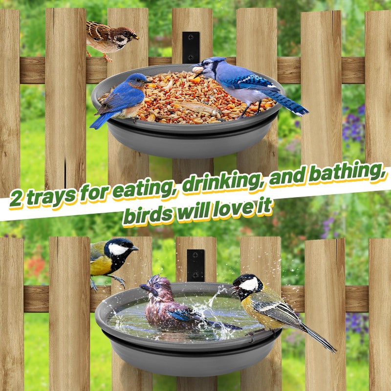 Alphatool Fence Bird Feeders Tray - 2pcs Tree Mounted Wild Bird Bath for Outdoors Place Food Water, Installed on Deck Wall Stakes with Heavy Duty Iron Ring, 8.3'' Dia. (Grey) - Image 4