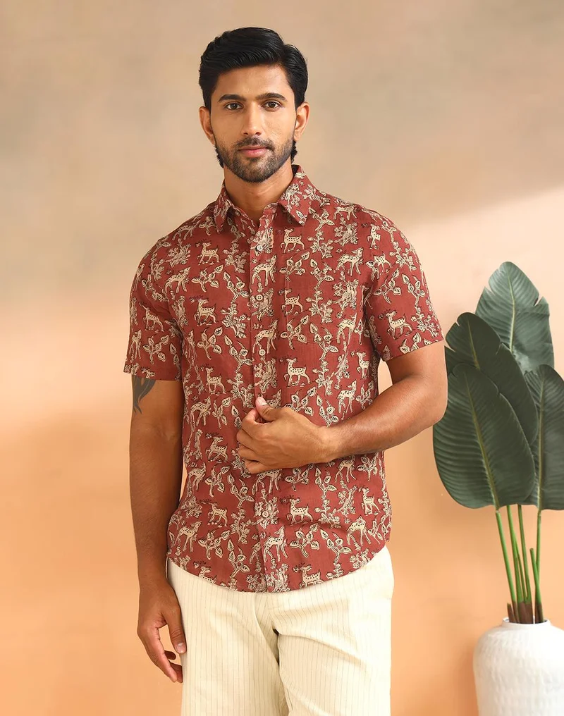 Fabindia Orange Cotton Bagru Printed Slim Fit Shirt