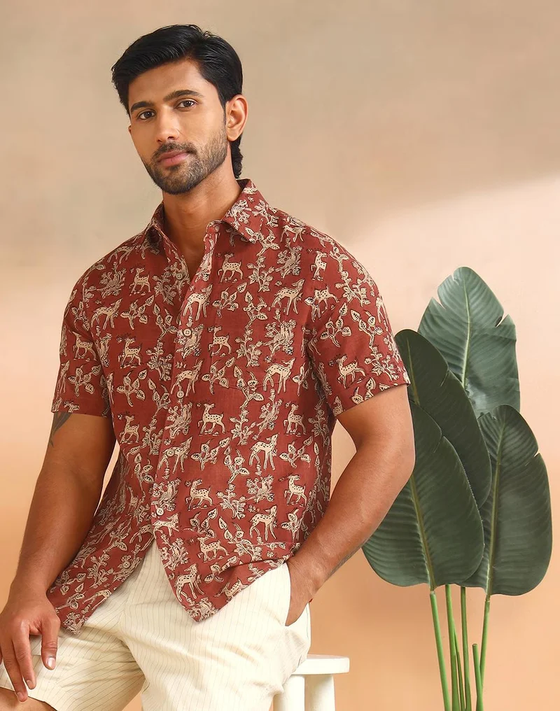 Fabindia Orange Cotton Bagru Printed Slim Fit Shirt