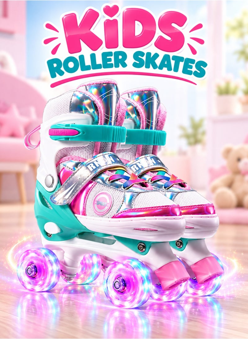 Bannuti Kids Adjustable Roller Skates for Girls & Boys – 4 Derby Wheels, Light-Up Skating Shoes, Pink, Adjustable EU Size 26–33, for Ages 3–7, Perfect Eid & Eidiya Gift - Image 1
