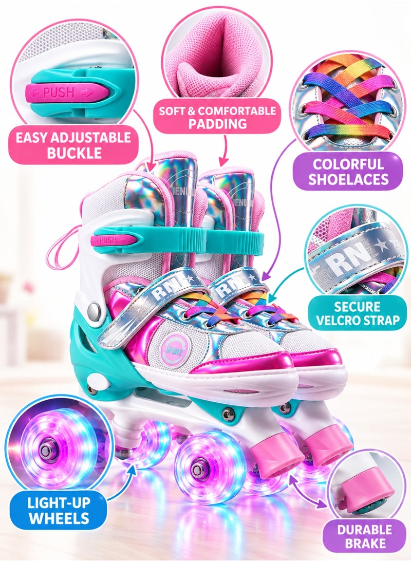Bannuti Kids Adjustable Roller Skates for Girls & Boys – 4 Derby Wheels, Light-Up Skating Shoes, Pink, Adjustable EU Size 26–33, for Ages 3–7, Perfect Eid & Eidiya Gift - Image 2
