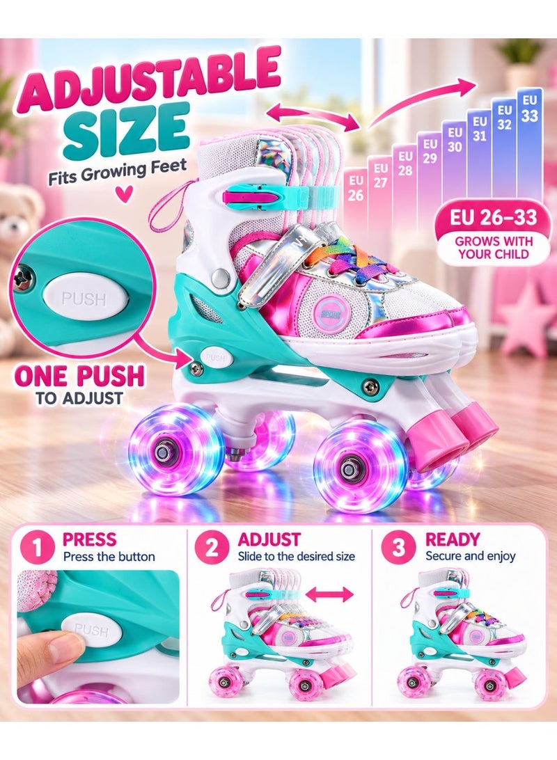 Bannuti Kids Adjustable Roller Skates for Girls & Boys – 4 Derby Wheels, Light-Up Skating Shoes, Pink, Adjustable EU Size 26–33, for Ages 3–7, Perfect Eid & Eidiya Gift - Image 4
