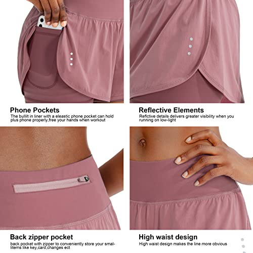 Soothfeel Women's 2 in 1 Running Shorts Workout Athletic Gym Yoga Shorts for Women with Phone Pockets Old Rose - Image 4