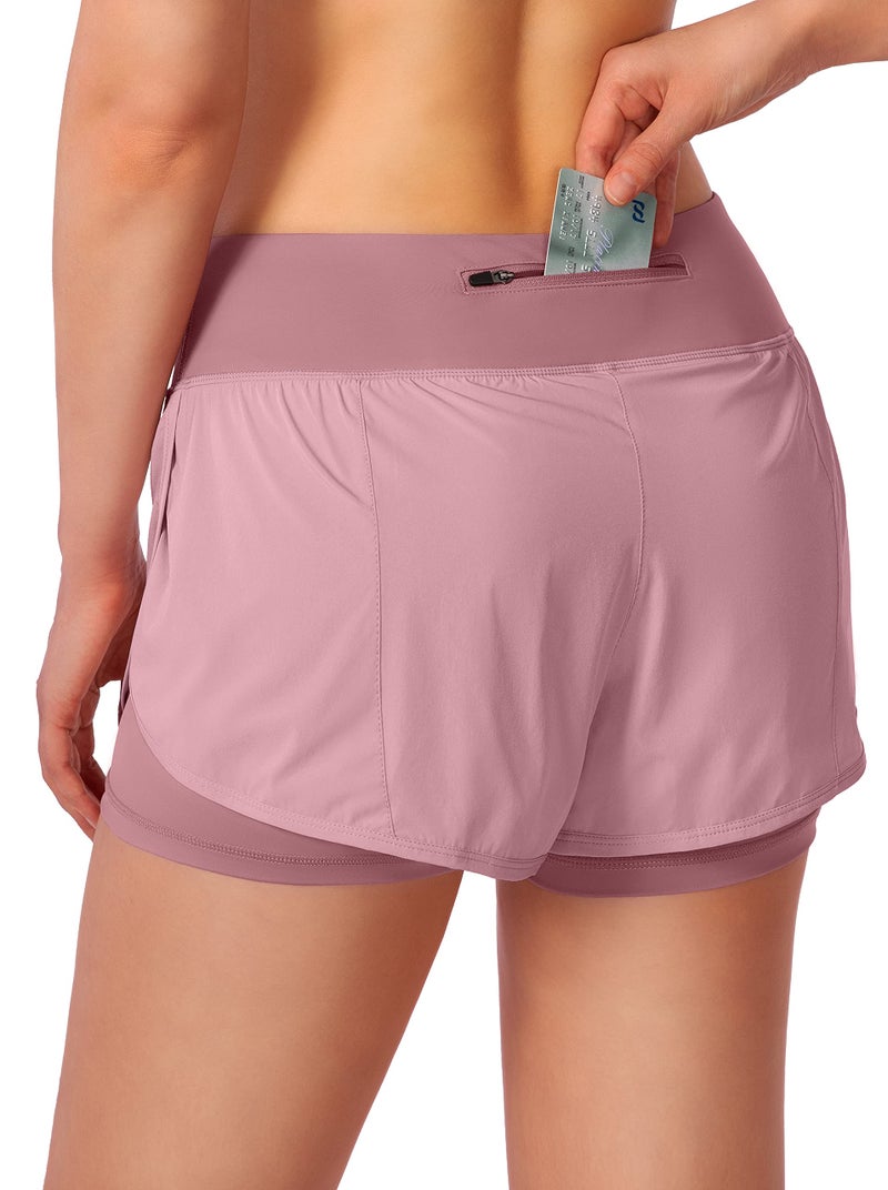 Soothfeel Women's 2 in 1 Running Shorts Workout Athletic Gym Yoga Shorts for Women with Phone Pockets Old Rose - Image 2