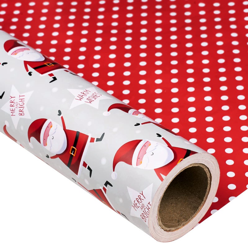MAYPLUSS Christmas Reversible Wrapping Paper Jumbo Roll 30 Inches x 100 Feet Gray Santa Claus and Polka dot Design