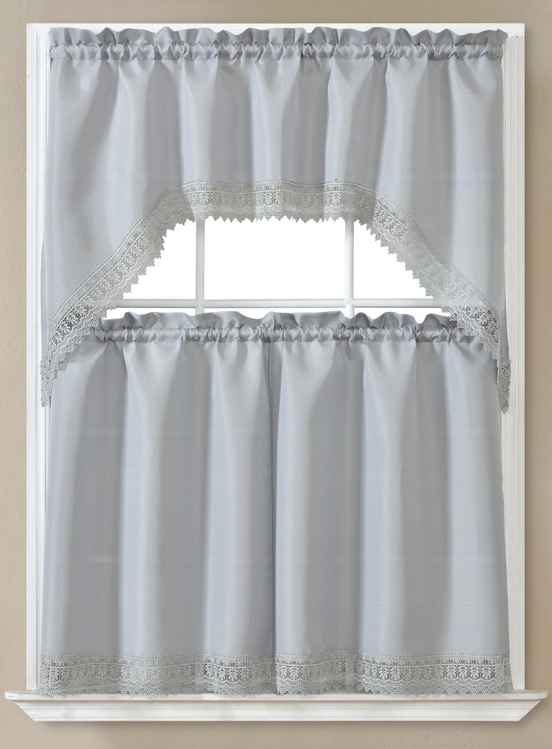 GLORY RUGS 3pc Kitchen Curtain Solid Gray Valance Set 1 Swag Valance and 2 Tiers 2 Tiers Width 29"x 34" Each and The Valance Length 58"x34"