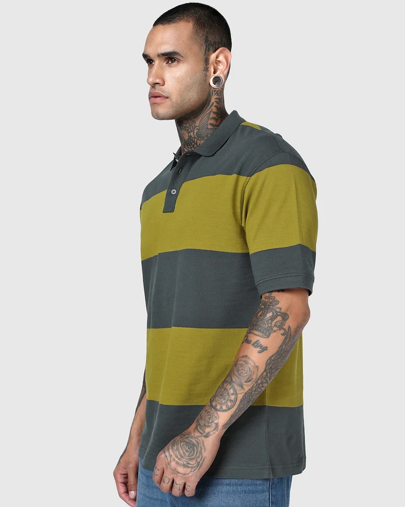bewakoof Men's Dark Shadow Grey & Avocado Oil Yellow Color Block Oversized Polo T-shirt