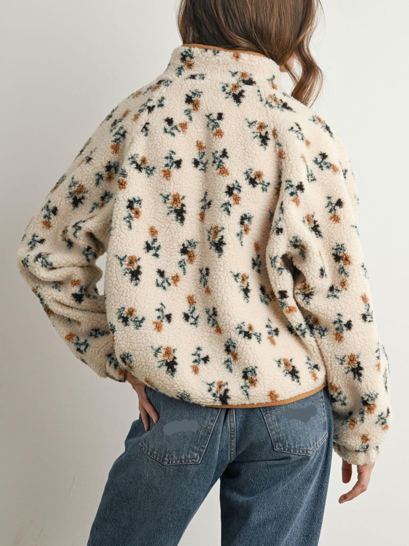 Joiemont Womens Floral Print Fluffy Fleece Jacket Snap Button Winter Teddy Fleece Jacket Casual Faux Fur Outwear(0711-Khaki-L) - Image 2