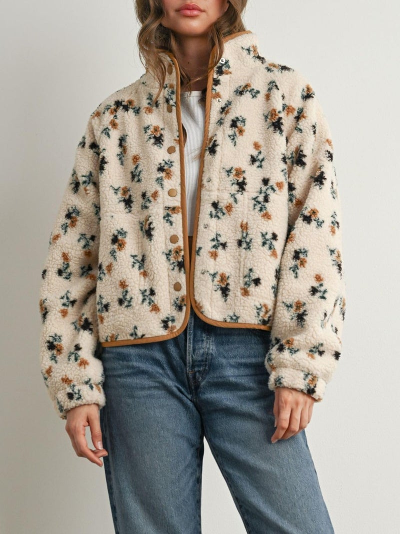 Joiemont Womens Floral Print Fluffy Fleece Jacket Snap Button Winter Teddy Fleece Jacket Casual Faux Fur Outwear(0711-Khaki-L) - Image 4