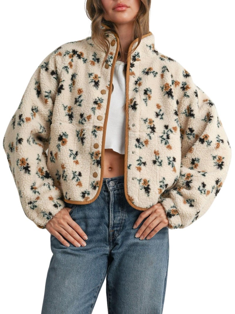 Joiemont Womens Floral Print Fluffy Fleece Jacket Snap Button Winter Teddy Fleece Jacket Casual Faux Fur Outwear(0711-Khaki-L) - Image 1