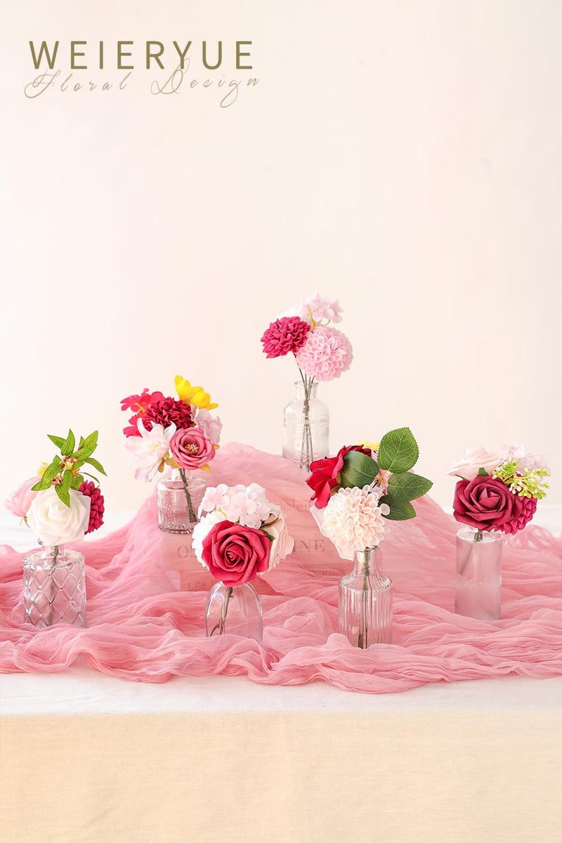 WEIERYUE Artificial Flower Box Set Silk Fake Flowers DIY Center Cake Decoration Wedding Bouquet Corsage Home Decor Outdoor Decor Gift (Bright Pink) - Image 2