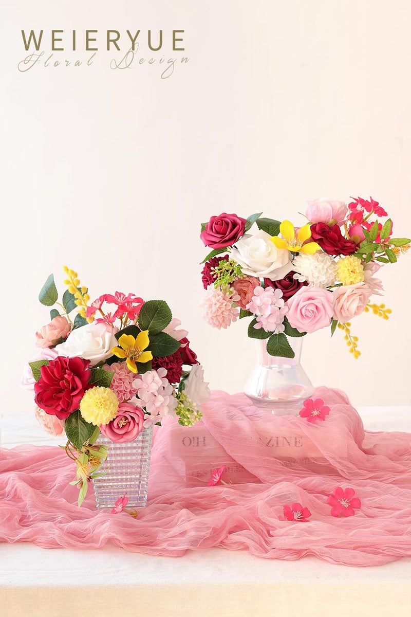 WEIERYUE Artificial Flower Box Set Silk Fake Flowers DIY Center Cake Decoration Wedding Bouquet Corsage Home Decor Outdoor Decor Gift (Bright Pink) - Image 4