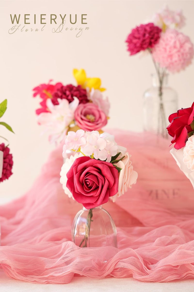 WEIERYUE Artificial Flower Box Set Silk Fake Flowers DIY Center Cake Decoration Wedding Bouquet Corsage Home Decor Outdoor Decor Gift (Bright Pink) - Image 3