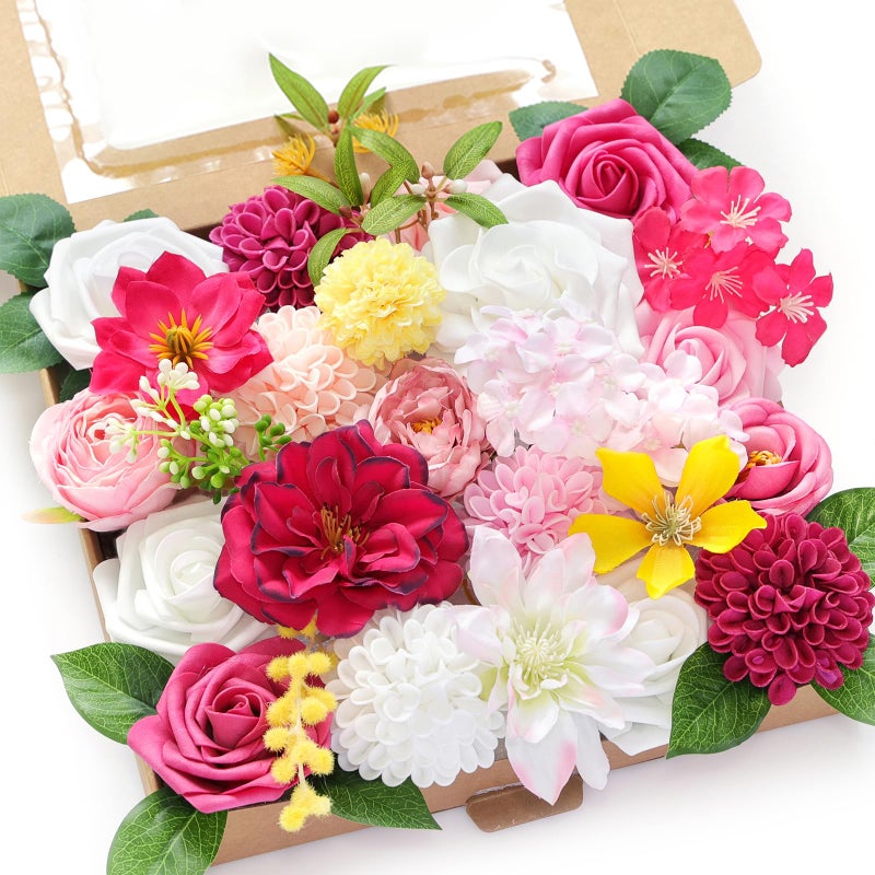 WEIERYUE Artificial Flower Box Set Silk Fake Flowers DIY Center Cake Decoration Wedding Bouquet Corsage Home Decor Outdoor Decor Gift (Bright Pink) - Image 1