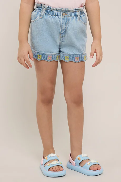 R&B Embroidered Denim Shorts with Button Closure