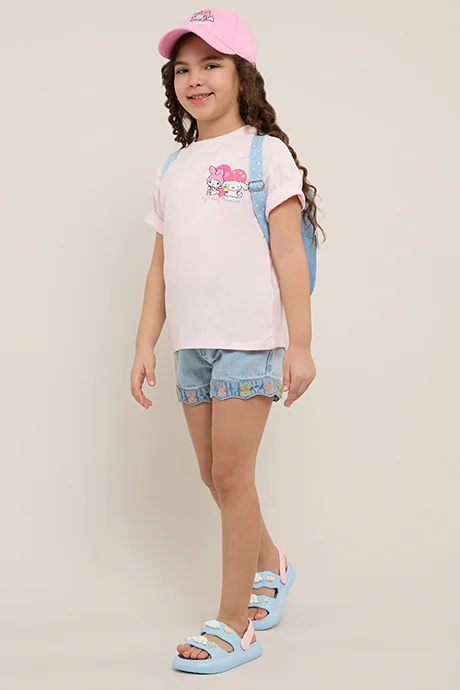 R&B Embroidered Denim Shorts with Button Closure