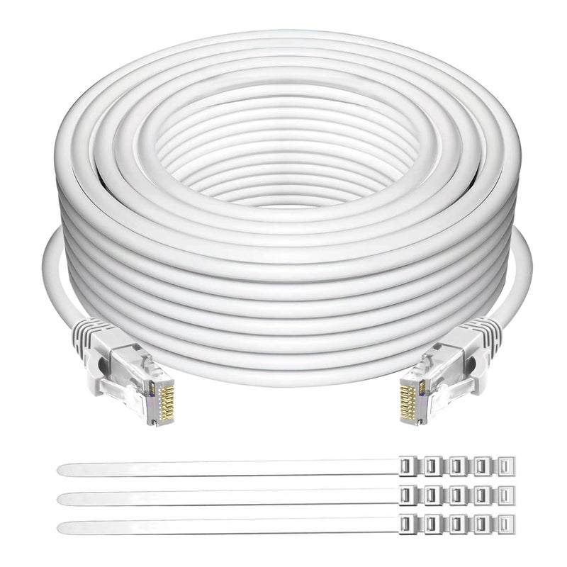 Adoreen Cat 6 Ethernet Cable 50 Ft-White, Outdoor & Indoor Snagless Long Round RJ45 Network Cable, POE, Soft Flexible Gbps Internet LAN Computer Patch Cord for Router Modem Switch Fast Gaming+ Ties - Image 1
