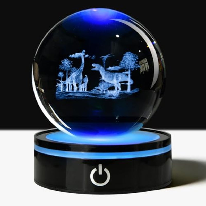 3D World Crystal Ball with LED Stand, 80mm Glass Sphere Night Light Lamp, Prehistoric Animal Crystal Figurines Collectibles, Lover Gifts for and Adults - Image 1