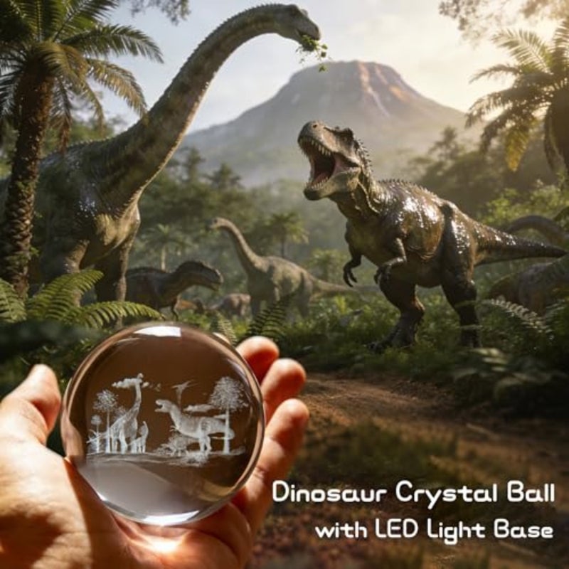 3D World Crystal Ball with LED Stand, 80mm Glass Sphere Night Light Lamp, Prehistoric Animal Crystal Figurines Collectibles, Lover Gifts for and Adults - Image 2