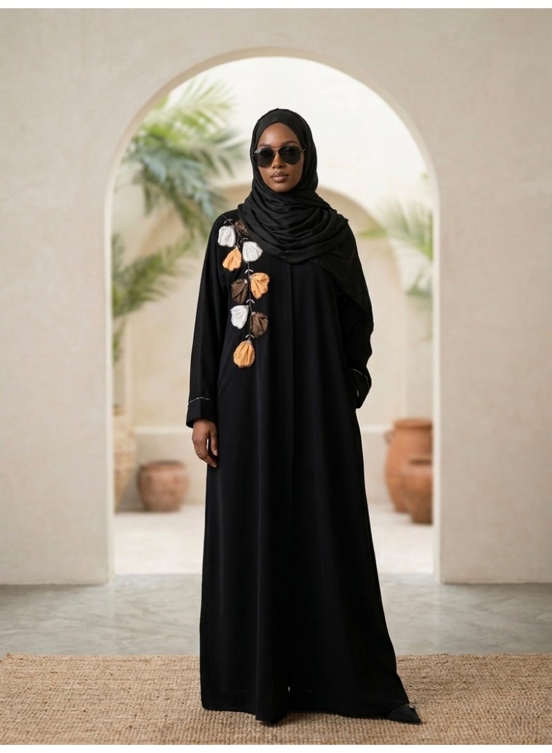 عباية نسائية سوداء بتطريز أوراق شجر يدوي، قصة مريحة، خفيفة الوزن - Image 1