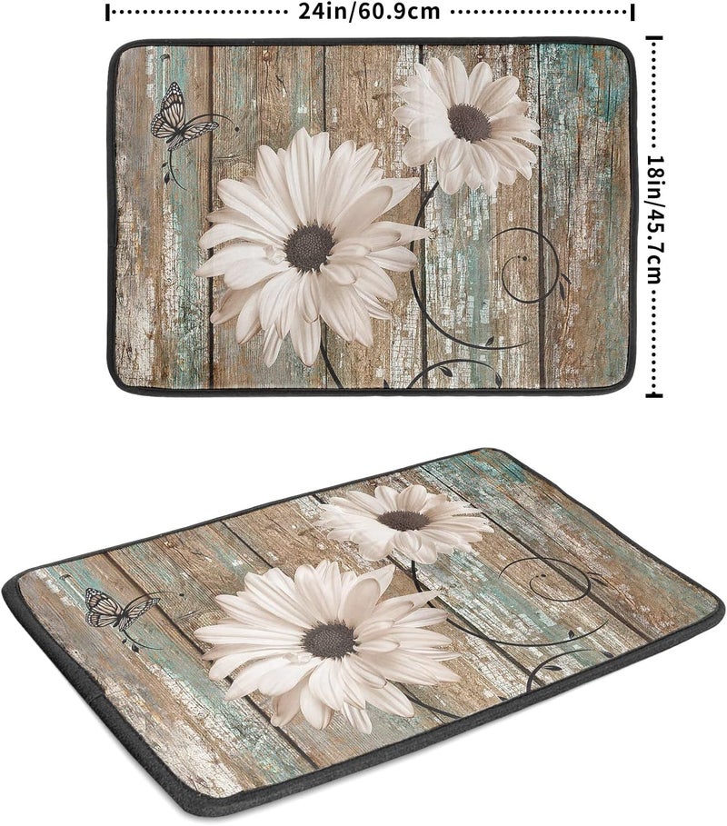 Giwawa Rustic Daisy Board Dish Drying Mat for Kitchen Countertop 18x24 inch Fall Sunflower on Wooden Plank Dish Drainer Mats Fast Drying Country Shabby Chic Flower Dish Pad Vintage Kitchen Drying Decor Large - Image 2
