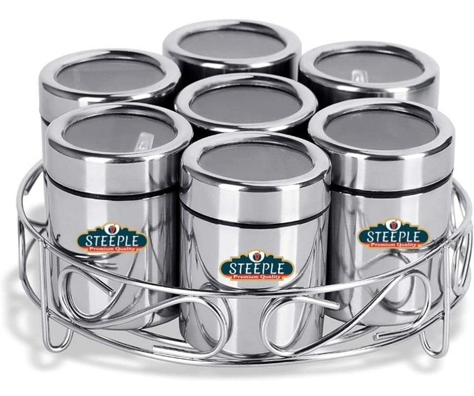 7PCS STAINLESS STEEL MASALA DABBA SPICE CONTAINER KITCHEN JARS AND CONTAINERS STORAGE CONTAINER MASALA DANI WITH 7PCS STAINLESS STEEL SPOON SET OF 7 CONTAINERS WITH STEEL STAND
