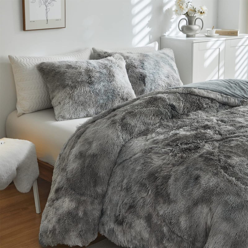 Wajade Faux Fur Plush Tie Dye Grey White Comforter Set Fluffy Fuzzy Shaggy Bedding Set - 3PC Full Size Microfiber Soft Warm Quilt Set - Image 3
