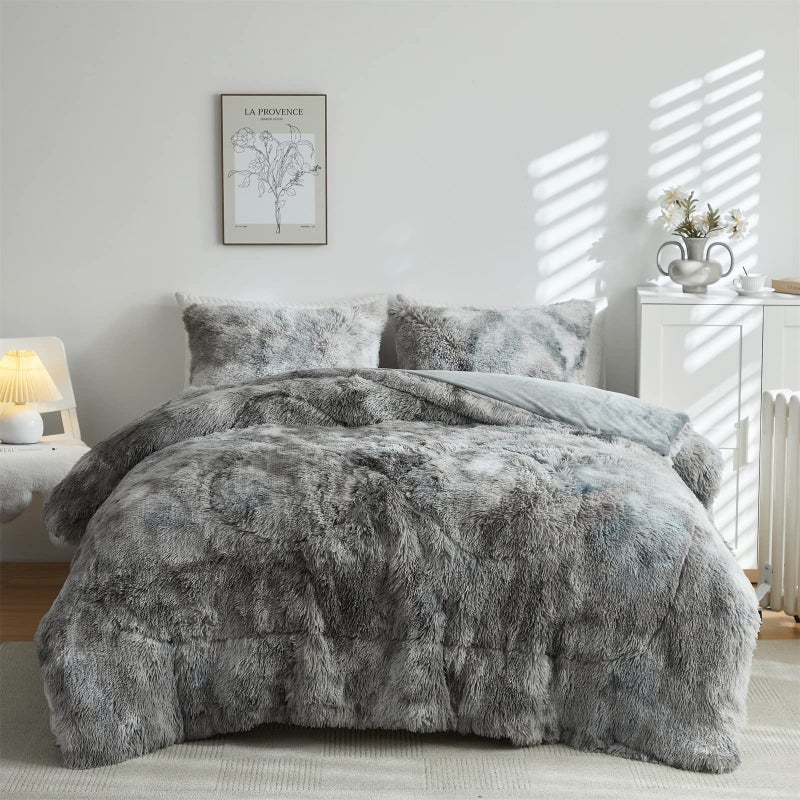 Wajade Faux Fur Plush Tie Dye Grey White Comforter Set Fluffy Fuzzy Shaggy Bedding Set - 3PC Full Size Microfiber Soft Warm Quilt Set - Image 2