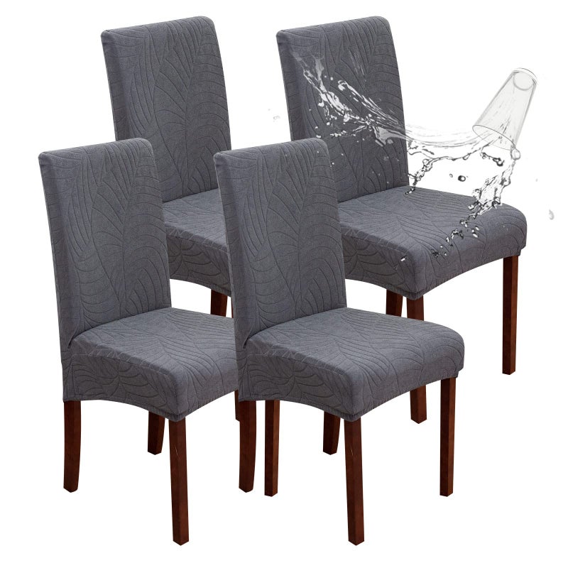 Genina Genina Waterproof Chair Covers for Dining Room  Stretch Jacquard Dining Chair Slipcovers Removable Washable Chair Protector for Kitchen  Hotel  Restaurant (Leaves-Dark Gray  4 PCS)  - Image 1