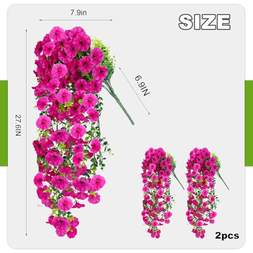 ADXORA Fake Artificial Hanging Morning Glory Flowers for Outdoor Planters Porch Pation Decoration,2 Bundles UV Resistant Silk Faux Flowers with Realistic Eucalyptus Plants for Home Office Garden Decor - Image 2
