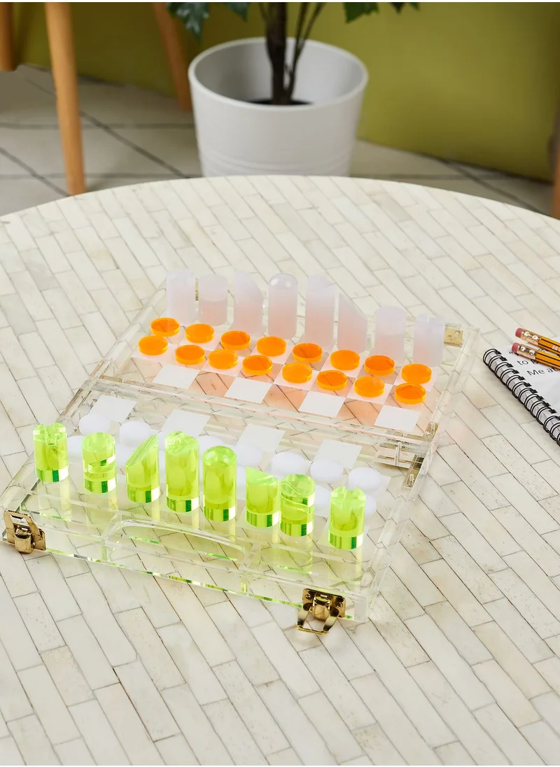 SUNNY LIFE Premium Neon Lucite Mini Chess & Checkers Game