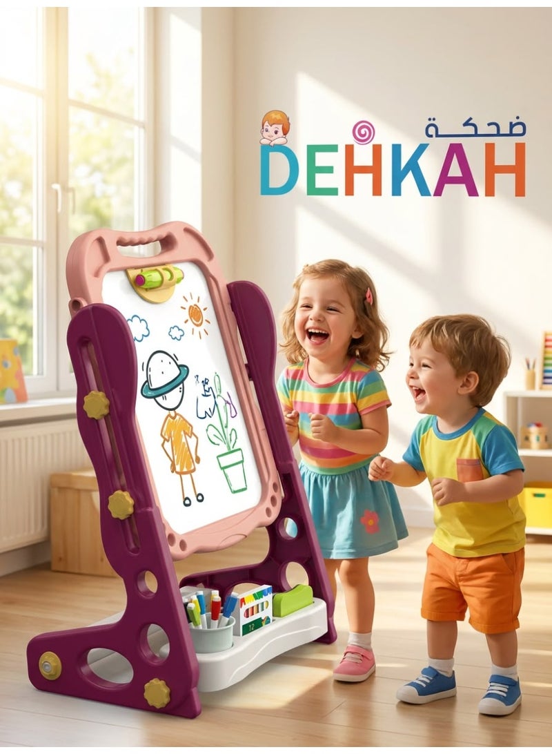 ضحكة  سبورة رسم للأطفال 2 في 1 - لوحة رسم مغناطيسية مزدوجة الجوانب (بيضاء وسوداء) مع 54 قطعة إكسسوارات، ارتفاع قابل للتعديل وألعاب لوحية لتعليم وتنمية مهارات الأطفال - Image 4