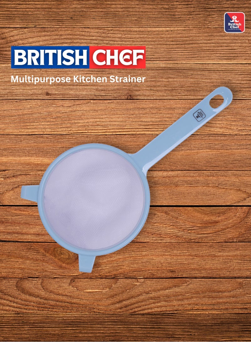 British Chef Multipurpose Kitchen Strainer | 14cm Mesh Sieve with Handle | Durable Plastic and Fine Mesh Filter |Ideal for draining pasta, rinsing fruits, and filtering sauces-Blue - Image 2