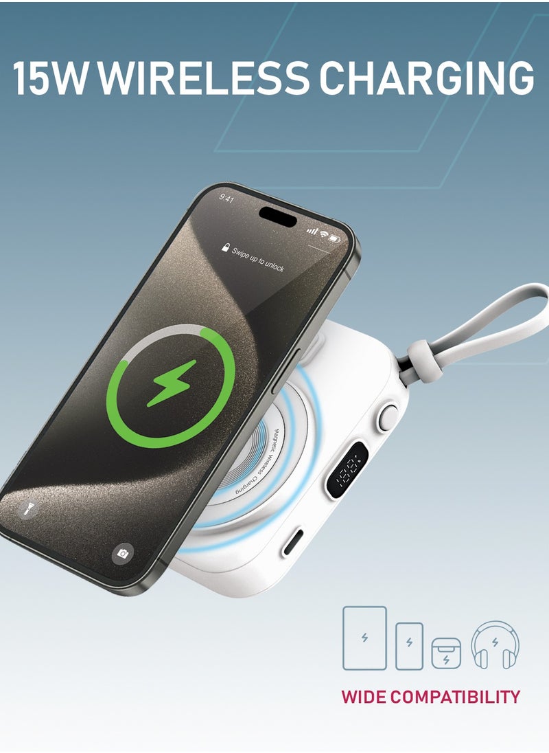 Moxedo Moxedo Snap-On Wireless Charging Power Bank 8000mAh 15W PD Fast Charging Portable Charger with Built-in USB-C Cable - White  - Image 2