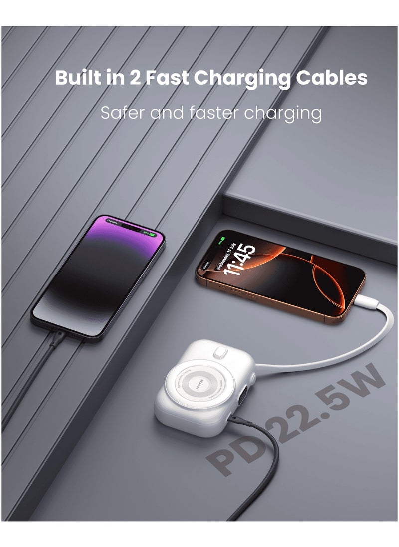 Moxedo - Moxedo Snap-On Wireless Charging Power Bank 8000mAh 15W PD Fast Charging Portable Charger with Built-in USB-C Cable - White - Image 1