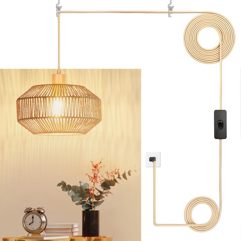 Qingmiao Plug in Pendant Light Paper Woven Rattan Hanging Lights Boho Hanging Lamp Rustic Farmhouse Pendant Lights for Kitchen Dining Room Bedroom Entryway, with 3-Way Dimmable Bulb (Woven) - Image 1