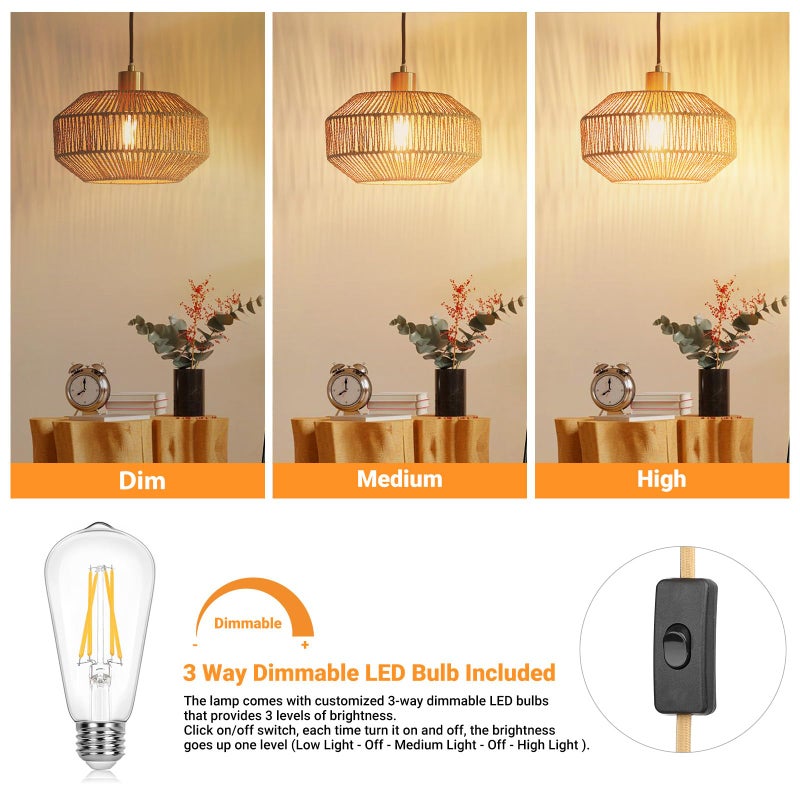 Qingmiao Plug in Pendant Light Paper Woven Rattan Hanging Lights Boho Hanging Lamp Rustic Farmhouse Pendant Lights for Kitchen Dining Room Bedroom Entryway, with 3-Way Dimmable Bulb (Woven) - Image 3