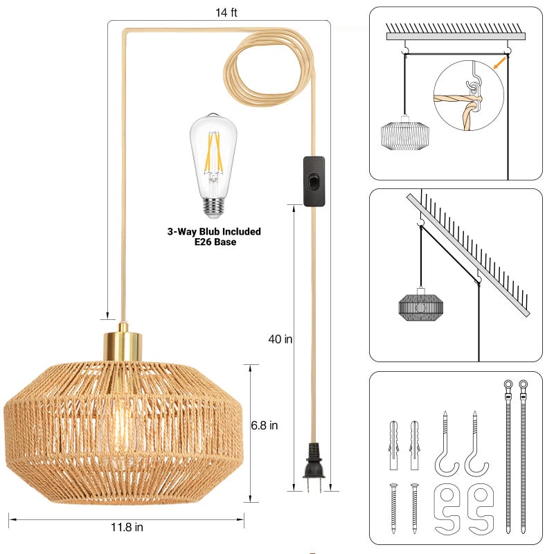 Qingmiao Plug in Pendant Light Paper Woven Rattan Hanging Lights Boho Hanging Lamp Rustic Farmhouse Pendant Lights for Kitchen Dining Room Bedroom Entryway, with 3-Way Dimmable Bulb (Woven) - Image 2