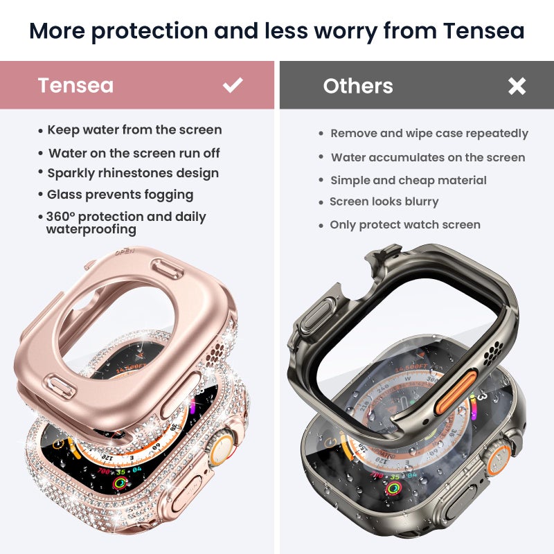 Tensea [2 in 1 for Waterproof Apple Watch Screen Protector Case Ultra 3/Ultra 2/Ultra 49mm Accessories, 360 iWatch Diamond Front Bumper with Glass Film and Back Bumper, Bling Face Cover Women, 49 mm - Image 2