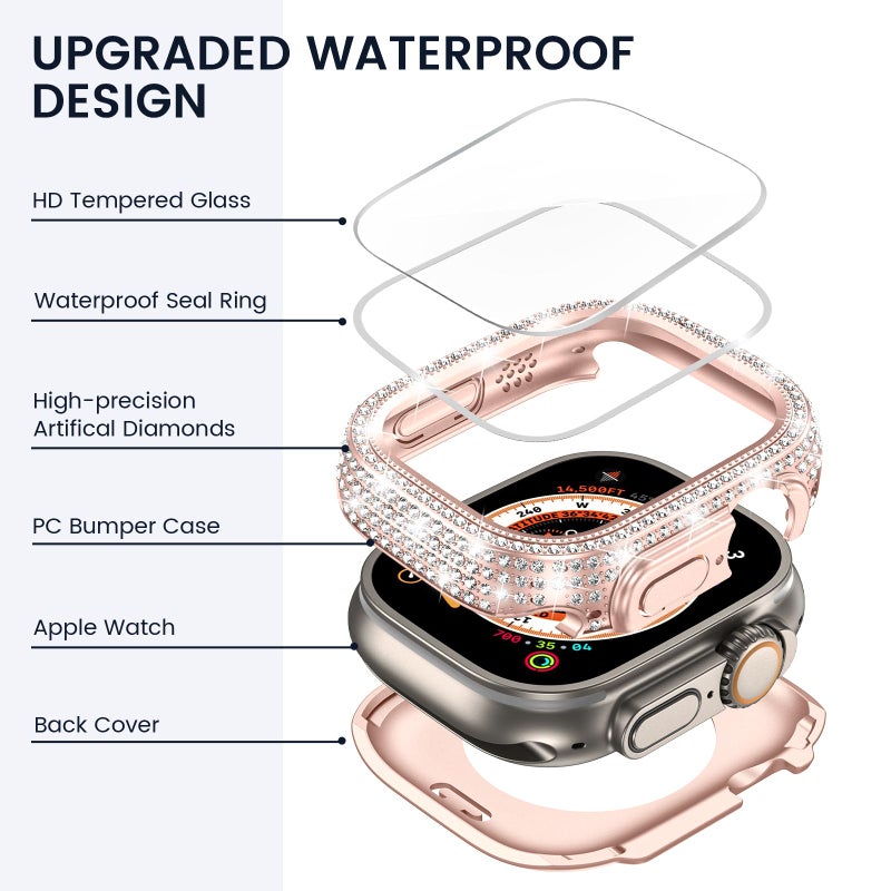Tensea [2 in 1 for Waterproof Apple Watch Screen Protector Case Ultra 3/Ultra 2/Ultra 49mm Accessories, 360 iWatch Diamond Front Bumper with Glass Film and Back Bumper, Bling Face Cover Women, 49 mm - Image 3