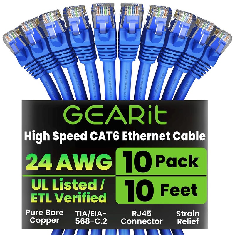 GearIT حزمة كابل إيثرنت Cat 6 - 10 حزمة كابلات باتش Cat6 بطول 10 أقدام | كابل باتش شبكة RJ45، 10 جيجابت في الثانية مع موصلات مطلية بالذهب خالية من العوائق - كابل إيثرنت Cat 6 لجهاز الكمبيوتر، التلفاز، الموجه - أزرق - Image 1