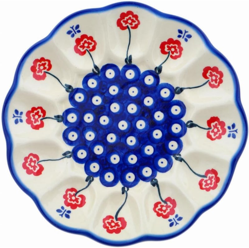 Polmedia Polish Pottery طبق بيض خزفي بولندي أصلي بتصميم عين زرقاء الربيع مصنوع يدويًا في بولسوافيا بولندا بواسطة سيراميكا بونا شهادة الأصالة - Image 1